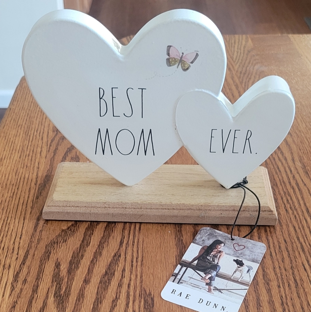 Rae Dunn White Heart "Best Mom Ever" Table Accent on Wood Base